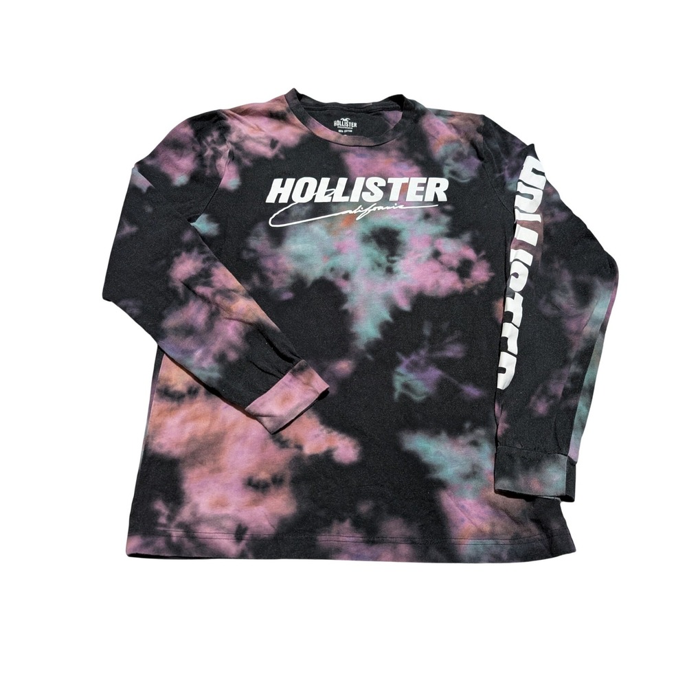 Hollister T-Shirt Mens Small Black Tie Dye Long Sleeve Graphic Logo California